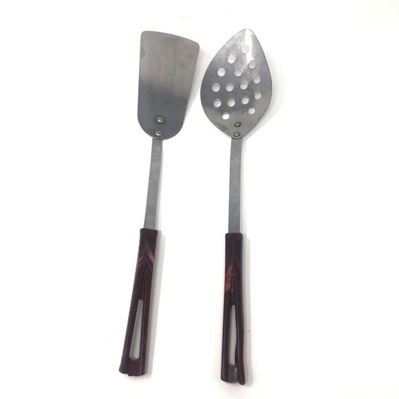 Vintage Maroon Bakelite Style Handles Stanhome Spatula & Large Slotted Spoon Set - Picture 1 of 11